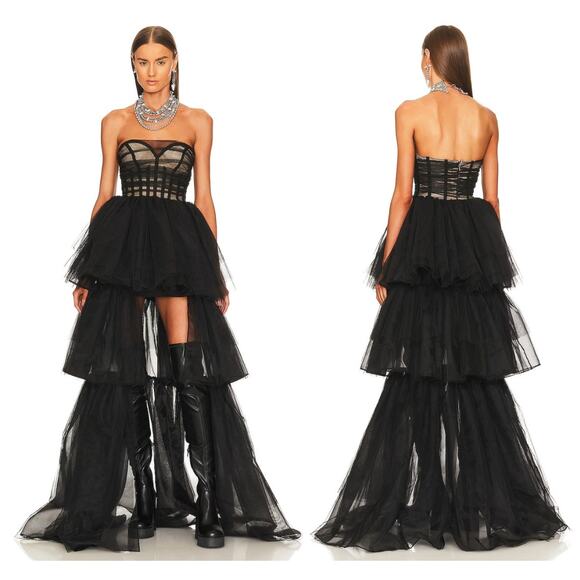NBD Paula Corset Gown Strapless Tulle Hi-Low Tiered Ruffle Skirt Black Size XS